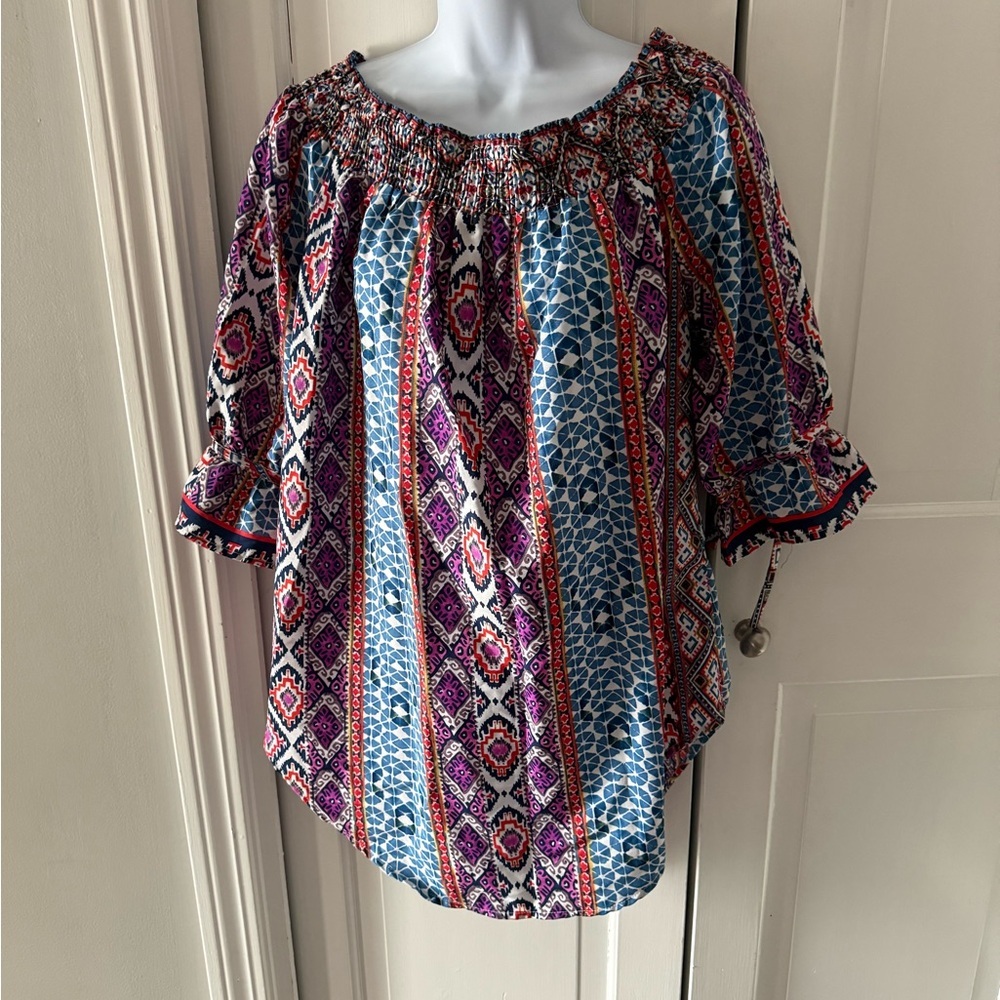 Boho Off-Shoulder Peasant Top in Blue and Purple